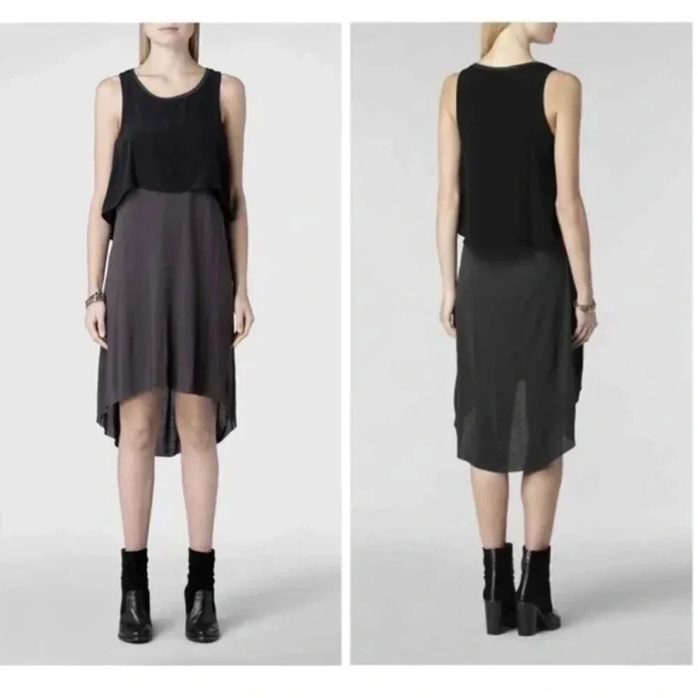 Allsaints Rubik Dress Midi High Low Hem Silk Overlay Sleeveless Gray Black 2